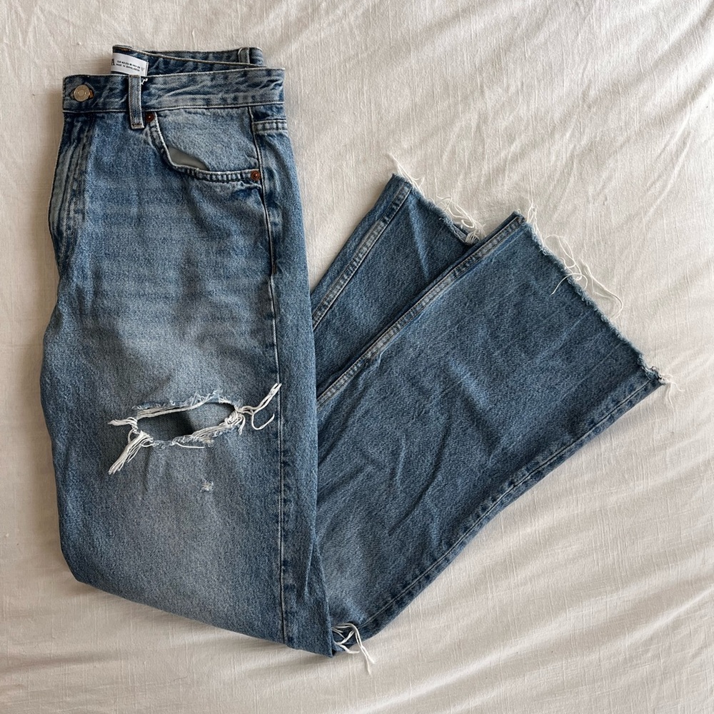 Zara Wide Leg Full Length Distressed Denim